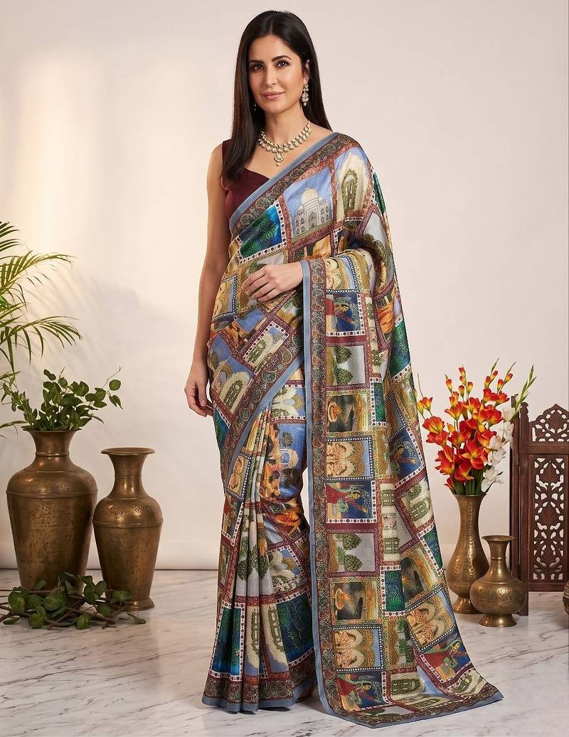 Elegant multicolor scenic print saree with designer border