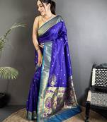 Women royal blue peacock motifs lichi silk blend saree