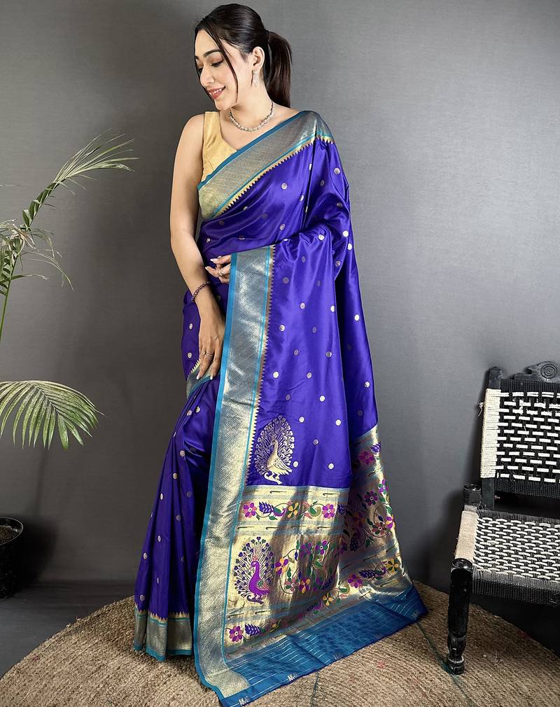 Women royal blue peacock motifs lichi silk saree