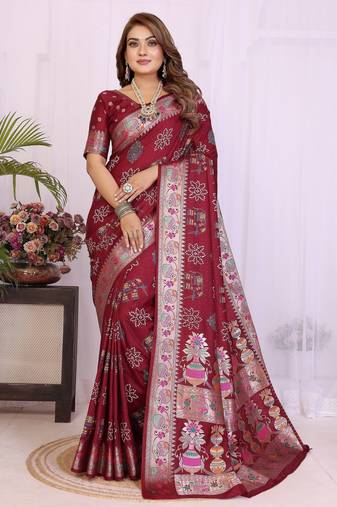 Maroon dola silk bandhej print zari weaving saree with matching blouse piece