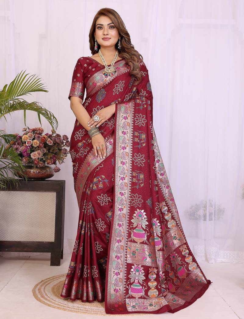 Maroon dola silk bandhej print zari weaving saree with matching blouse piece