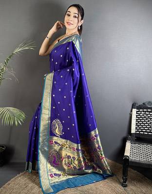 Women royal blue peacock motifs lichi silk blend saree 2