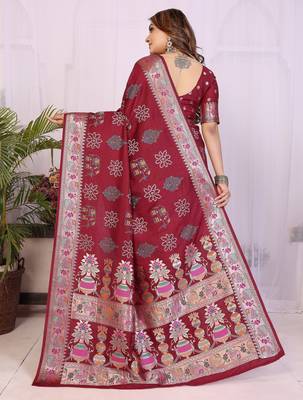 Maroon dola silk bandhej print zari weaving saree with matching blouse piece 2