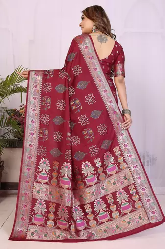 Maroon dola silk bandhej print zari weaving saree with matching blouse piece