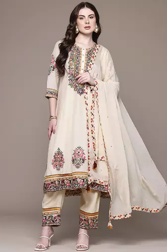 Cream embroidered georgette kurta set