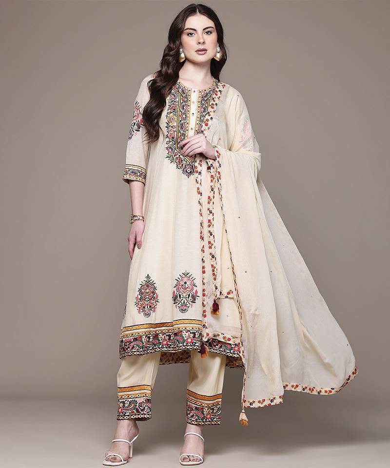 Cream embroidered georgette kurta set