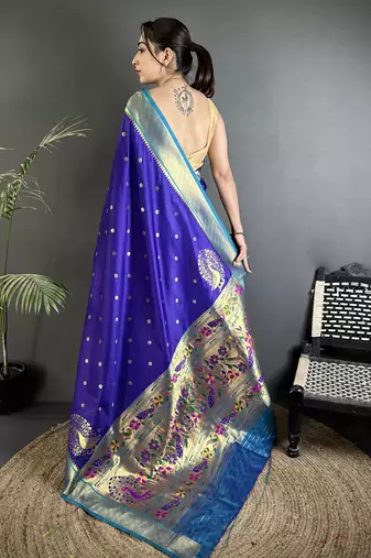 Women royal blue peacock motifs lichi silk saree