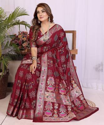 Maroon dola silk bandhej print zari weaving saree with matching blouse piece 3