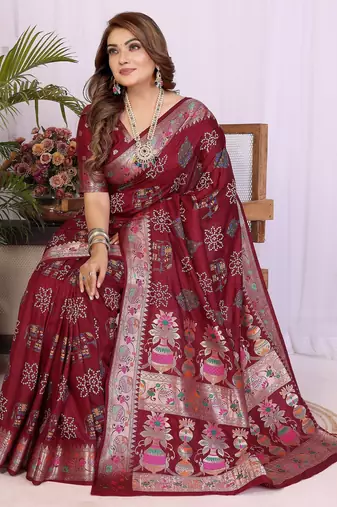 Maroon dola silk bandhej print zari weaving saree with matching blouse piece