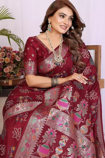 Maroon dola silk bandhej print zari weaving saree with matching blouse piece