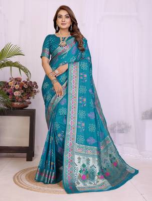 Teal dola silk bandhej print zari weaving saree with matching blouse piece 1