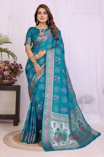 Teal dola silk bandhej print zari weaving saree with matching blouse piece