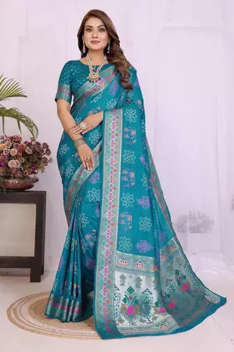 Teal dola silk bandhej print zari weaving saree with matching blouse piece