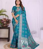 Teal dola silk bandhej print zari weaving saree with matching blouse piece