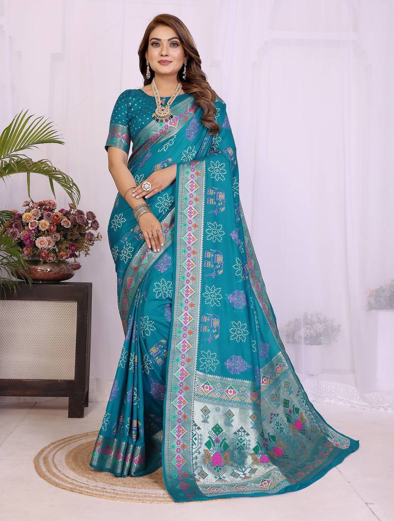 Teal dola silk bandhej print zari weaving saree with matching blouse piece