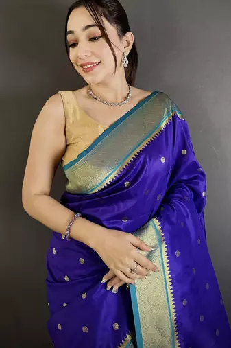 Women royal blue peacock motifs lichi silk saree