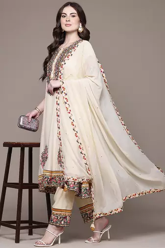 Cream embroidered georgette kurta set