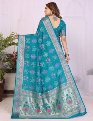 Teal dola silk bandhej print zari weaving saree with matching blouse piece 2