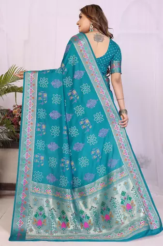 Teal dola silk bandhej print zari weaving saree with matching blouse piece