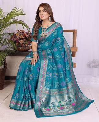 Teal dola silk bandhej print zari weaving saree with matching blouse piece 3