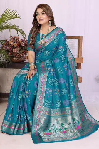 Teal dola silk bandhej print zari weaving saree with matching blouse piece