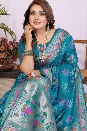 Teal dola silk bandhej print zari weaving saree with matching blouse piece