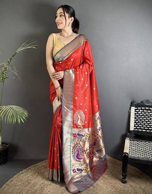Women red peacock motifs lichi silk blend saree 1