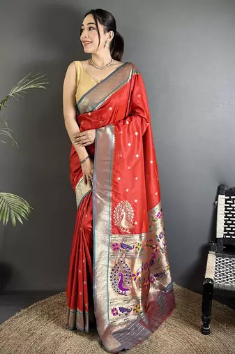 Women red peacock motifs lichi silk saree