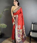 Women red peacock motifs lichi silk saree