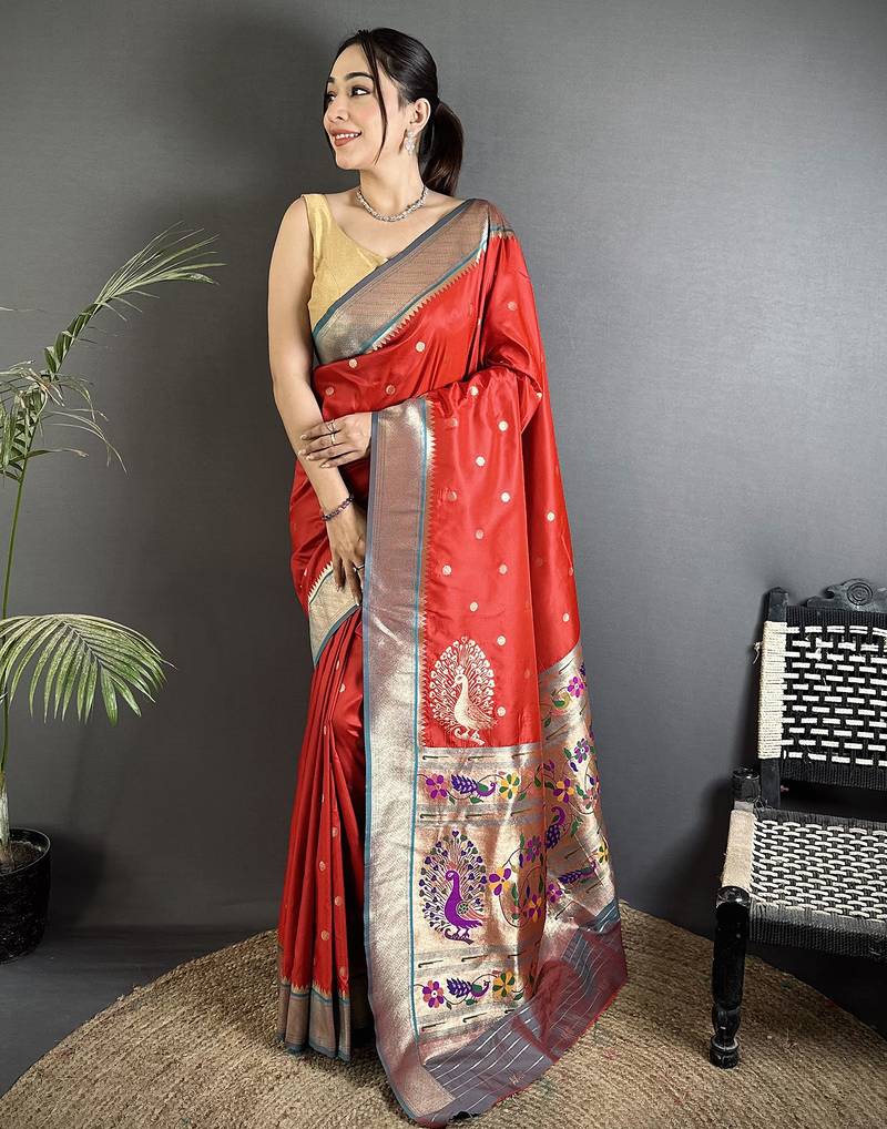 Women red peacock motifs lichi silk saree