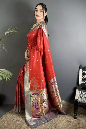 Women red peacock motifs lichi silk saree