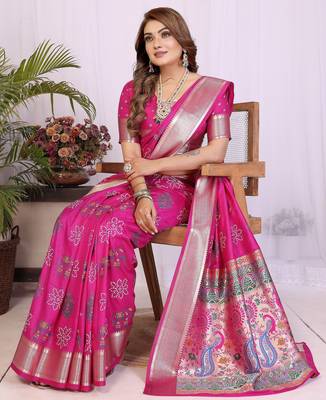 Pink dola silk bandhej print zari weaving saree with matching blouse piece 3