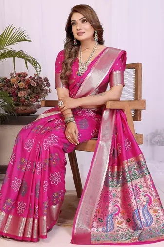 Pink dola silk bandhej print zari weaving saree with matching blouse piece