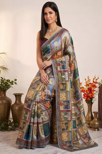 Elegant multicolor scenic print saree with designer border