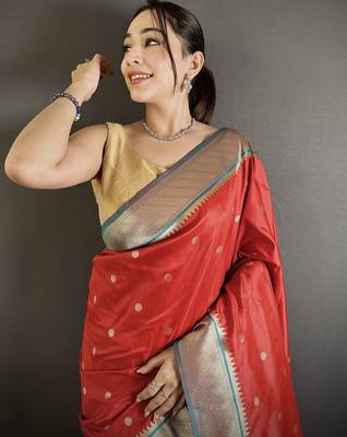 Women red peacock motifs lichi silk blend saree 4