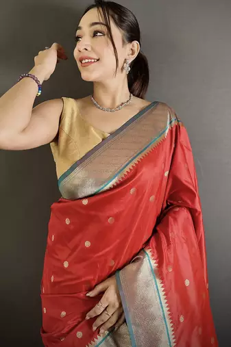 Women red peacock motifs lichi silk saree