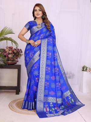 Blue dola silk bandhej print zari weaving saree with matching blouse piece 1