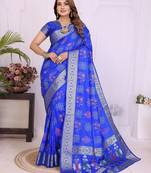 Blue dola silk bandhej print zari weaving saree with matching blouse piece