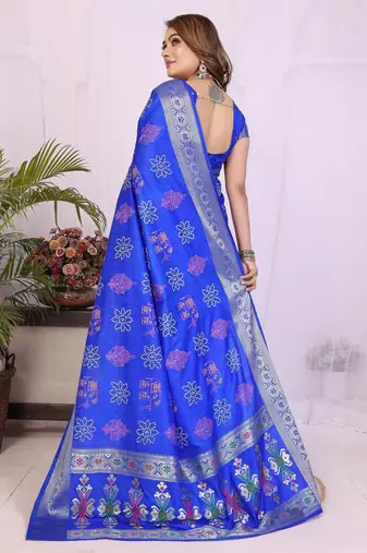 Blue dola silk bandhej print zari weaving saree with matching blouse piece