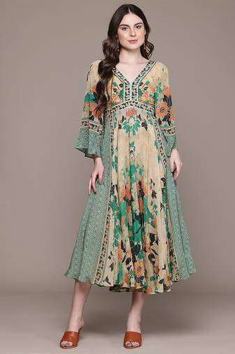 Green printed crepe dress