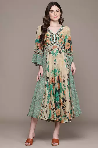 Green printed crepe dress