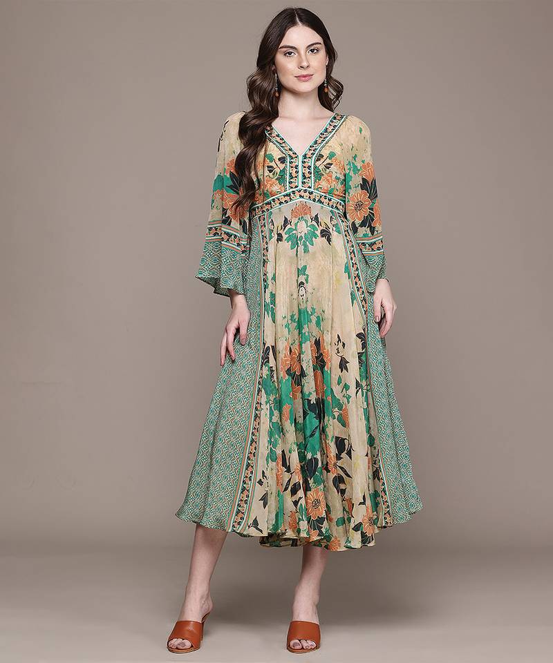 Green printed crepe dress