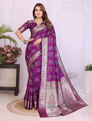 Purple dola silk bandhej print zari weaving saree with matching blouse piece 1