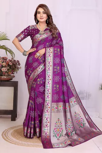 Purple dola silk bandhej print zari weaving saree with matching blouse piece