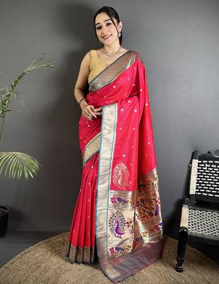 Women pinkish red peacock motifs lichi silk blend saree 1