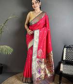 Women pinkish red peacock motifs lichi silk saree