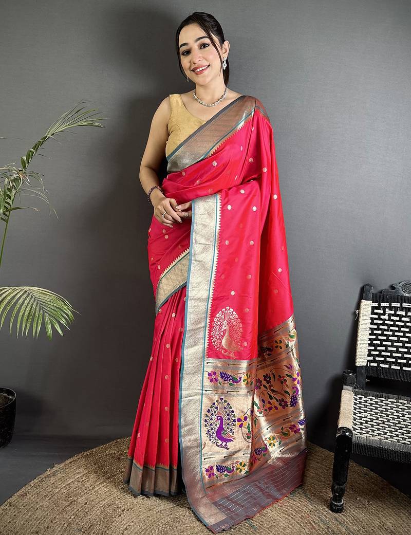 Women pinkish red peacock motifs lichi silk saree