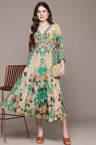 Green printed crepe dress
