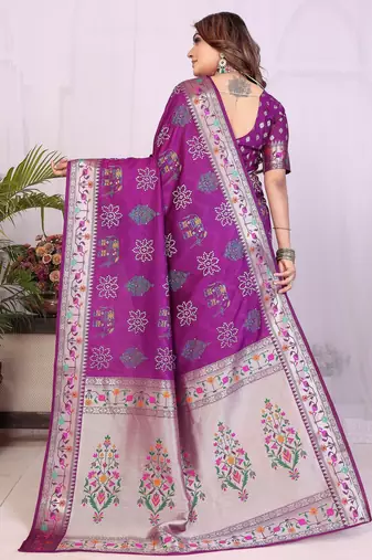 Purple dola silk bandhej print zari weaving saree with matching blouse piece