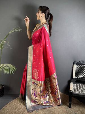 Women pinkish red peacock motifs lichi silk blend saree 2
